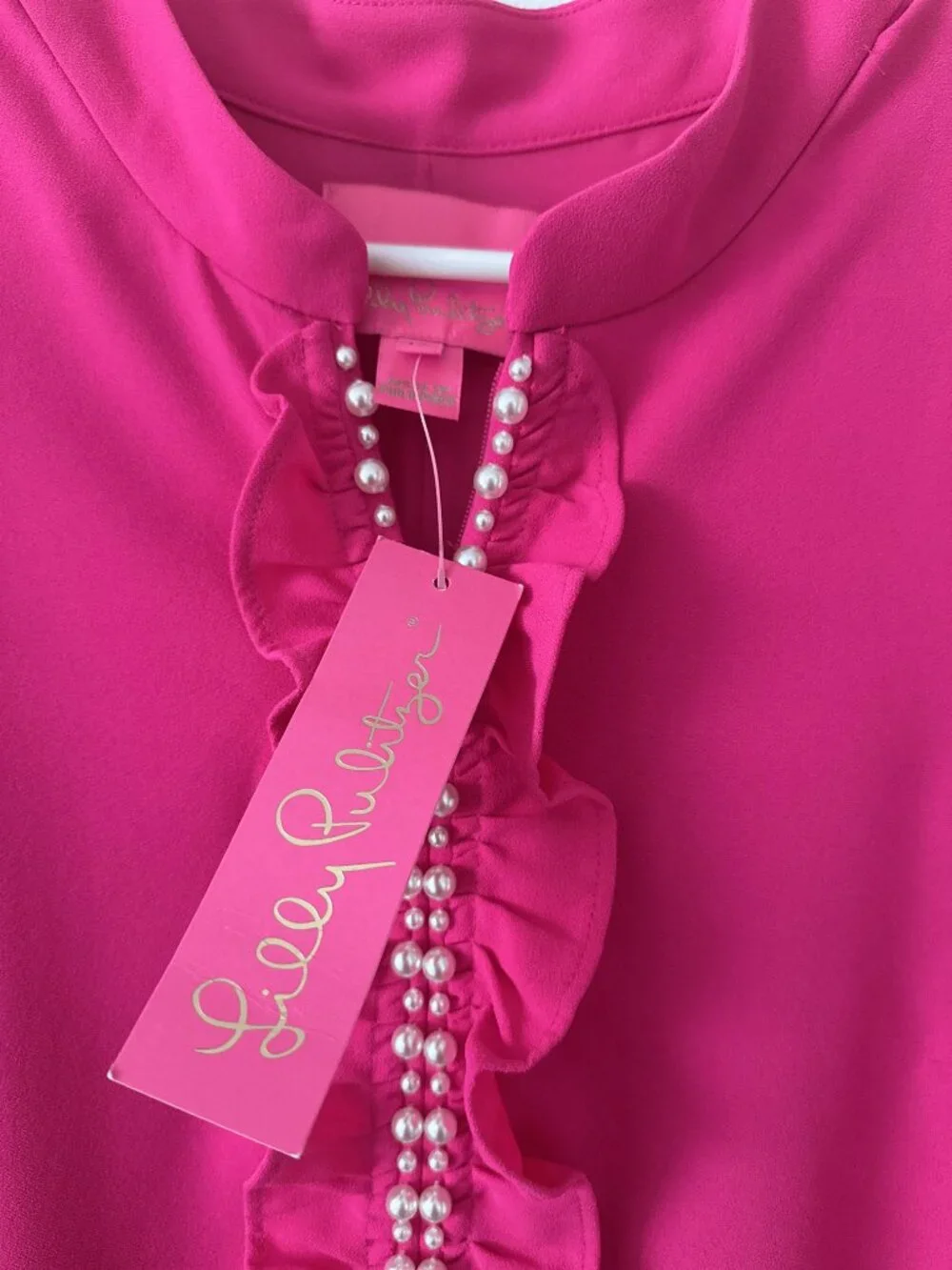 Lilly Pulitzer Adalee Shift Dress 12 Pink Palms Pearl Neck Ruffle - Picture 4 of 8